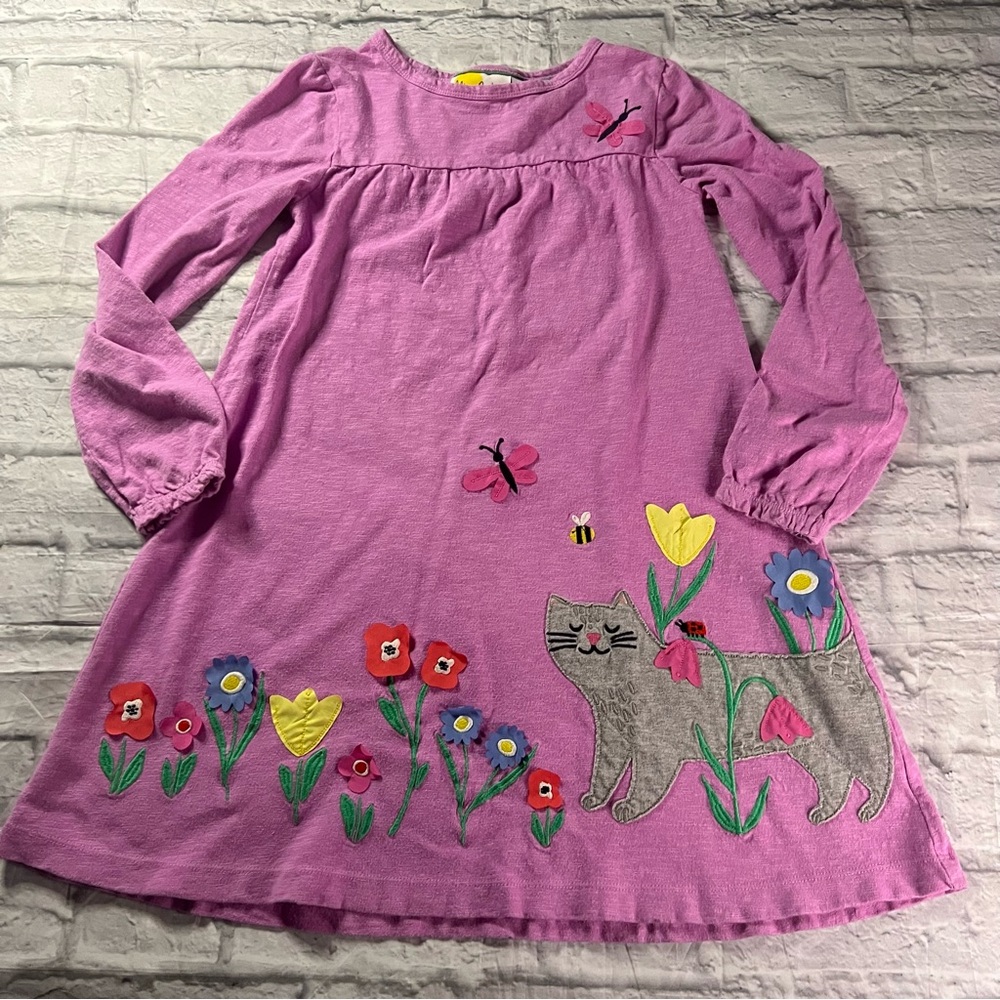 Mini Boden Girls Garden Delight Long Sleeve Cotton Dress Appliqué Cat Flowers